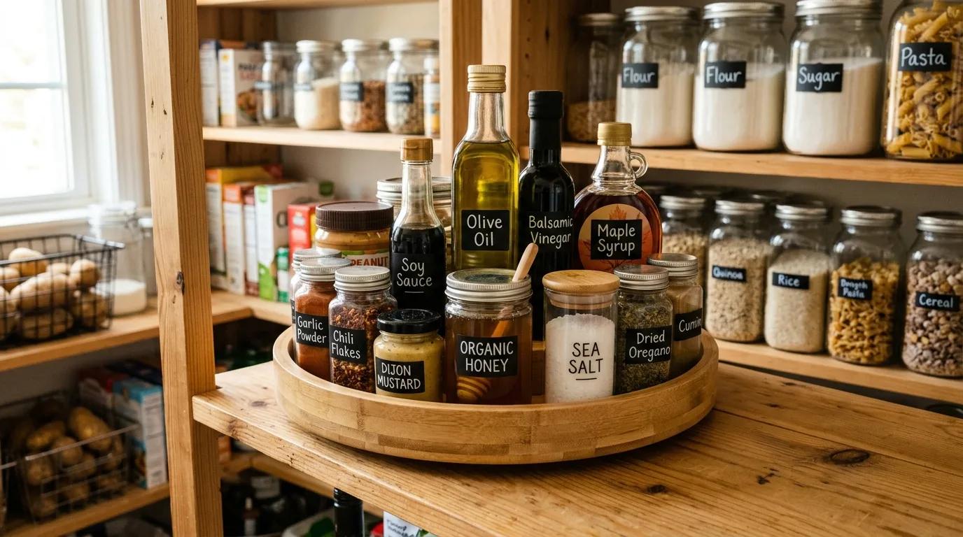 Lazy Susan organizer used on pantry shelf